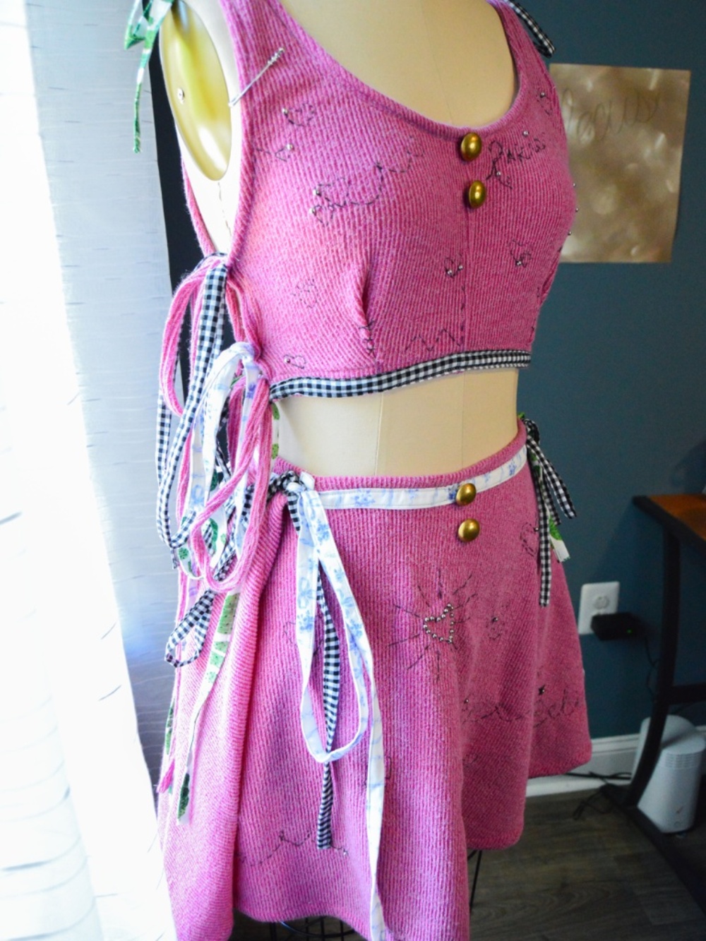 Handmade One of One Atelier Pink Two Piece Set Crop Top and Embroidered Skirt